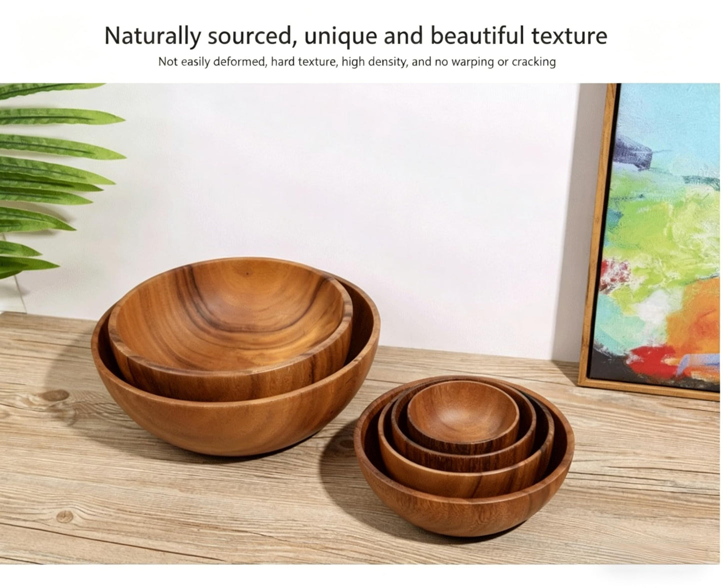 Acacia Wood Bowls, Natural Wooden Salad Bowls for Serving, Food-Safe Wood Bowls for Fruit, Popcorn, Snacks, Cereal, Nested Wooden Serving Bowls for Kitchen, Party, Daily Use
