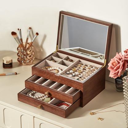 Homruilink Black Walnut Wooden Jewelry Box Women large 3 Layer Drawer Organizer Box with Glass Lid for Necklaces, Watch, Necklace, Ring, Earring Storage, Fathers Day Gift