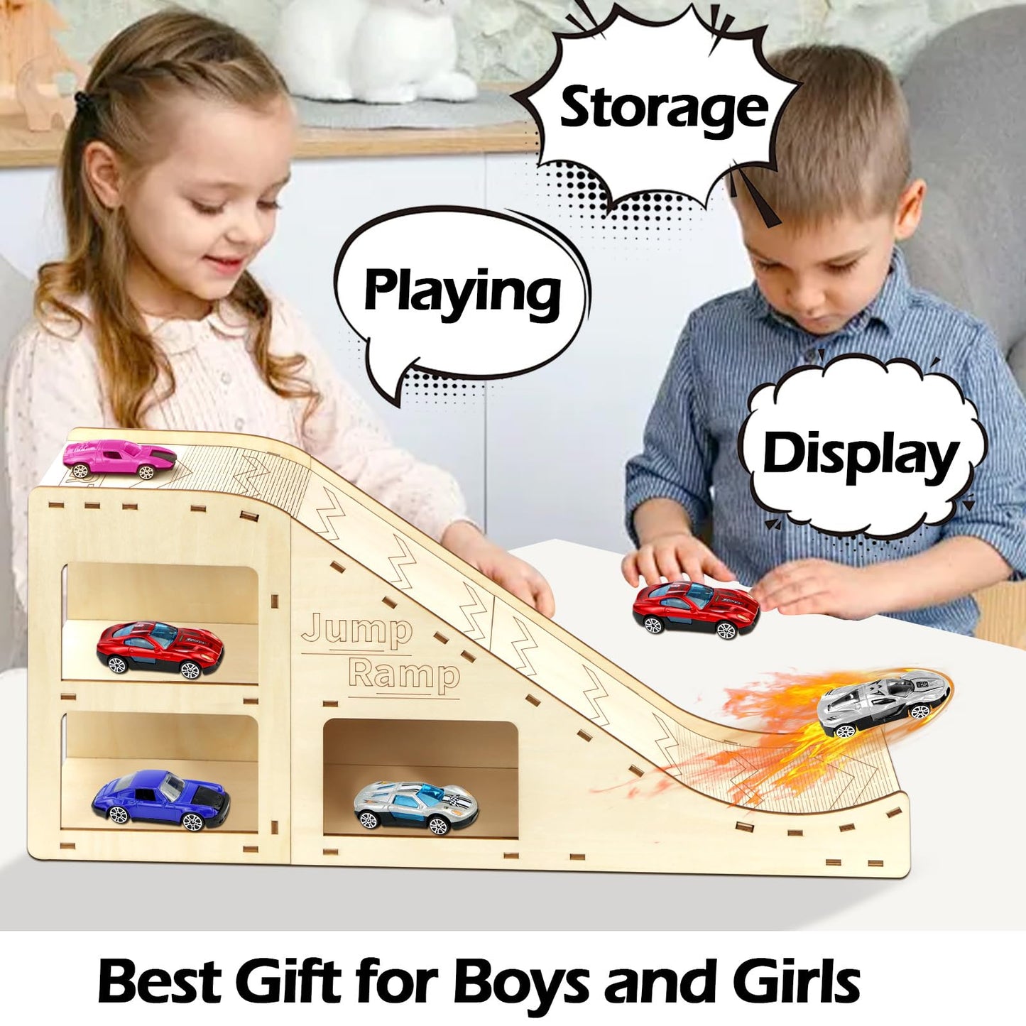 Wooden Toy Cars Jump Ramp, Toy Car Track Set for Hot Wheels, Race Cars Track for Hot Wheels and Diecast Cars, Wood Jump Ramp for Hotwheels, Playing Storage Display Race Set