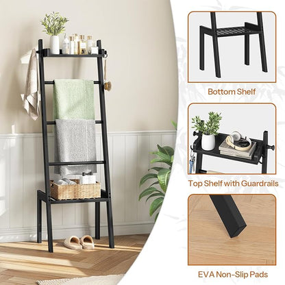 HOOBRO Blanket Ladder, 5 Tier Bamboo Ladder Shelf, Blanket Ladders for Living Room and Bedroom, Farmhouse Blanket Holder Rack for Storage and Home Decor, Decorative Towel Rack, Black BK91CJ01G1
