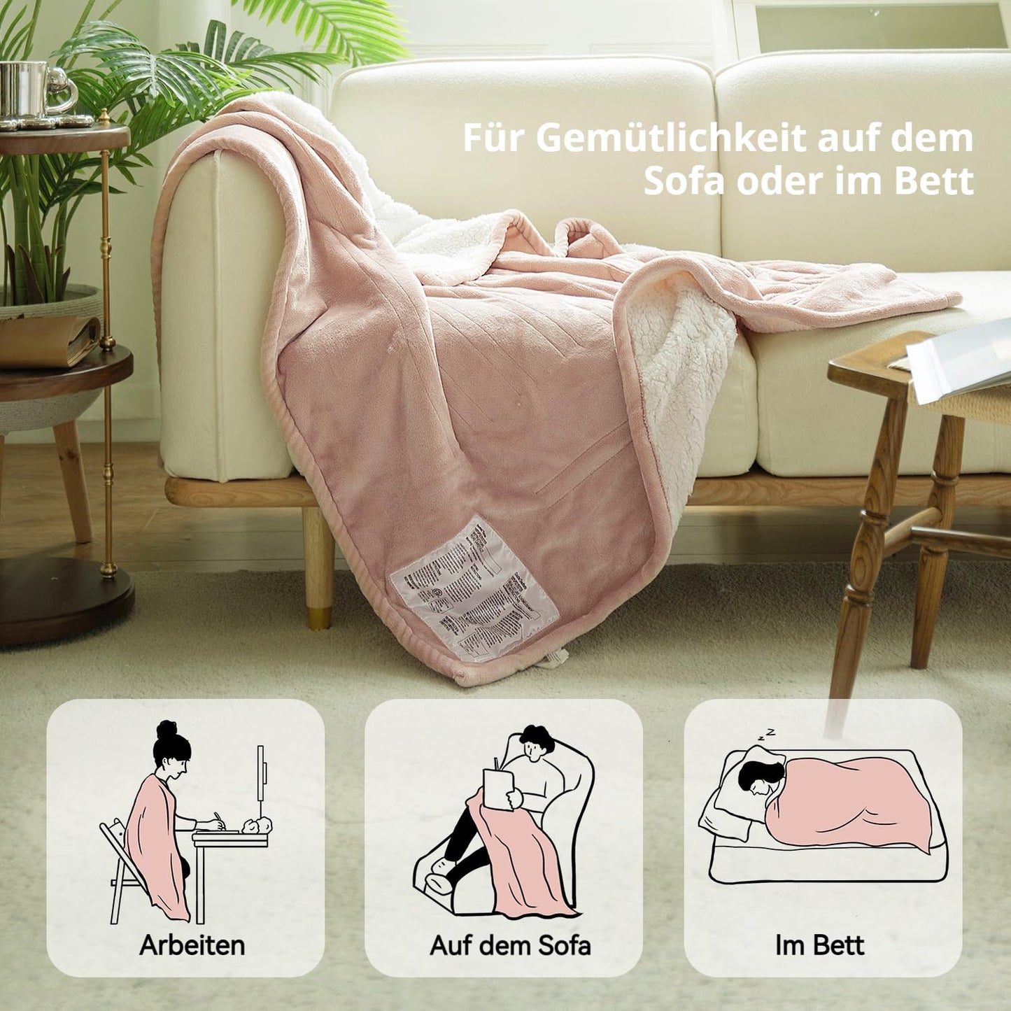 GOTCOZY Electric Blanket 130 x 180 cm Soft Silky Plush Heat Blanket Electric Blanket 6 Heat Settings and 10 Hours Auto-Off Timer Overheating Protection CE Certified Cuddly Blanket for Bed and Office