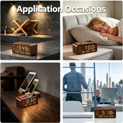 Andoolex Wooden Digital Alarm Clock with Wireless Charging, 0-100% Adjustable Brightness Dimmer and Alarm Volume, Weekday/Weekend Mode, Dual Alarm, Snooze, 12/24H, Wood LED Clock for Bedroom (Brown)