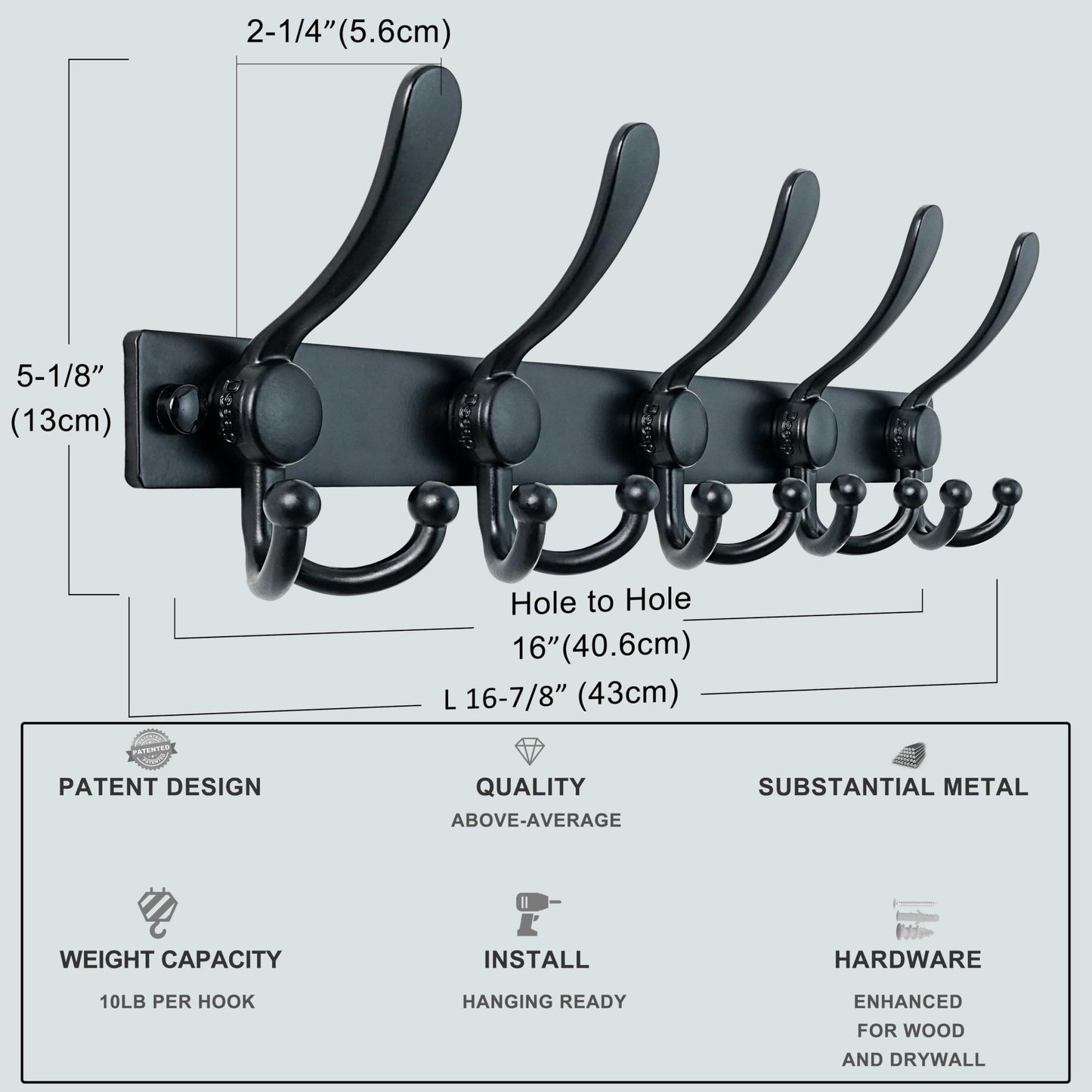 Dseap Coat Rack Wall Mount, Heavy Duty 12-Gauge Base vs Flimsy 1mm, Double-Thick Solid Anti-Snap Hooks, 16” Stud-Mount, Stainless Steel Hanger for Clothes Hat Entryway Closet Mudroom, Black