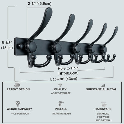 Dseap Coat Rack Wall Mount, Heavy Duty 12-Gauge Base vs Flimsy 1mm, Double-Thick Solid Anti-Snap Hooks, 16” Stud-Mount, Stainless Steel Hanger for Clothes Hat Entryway Closet Mudroom, Black