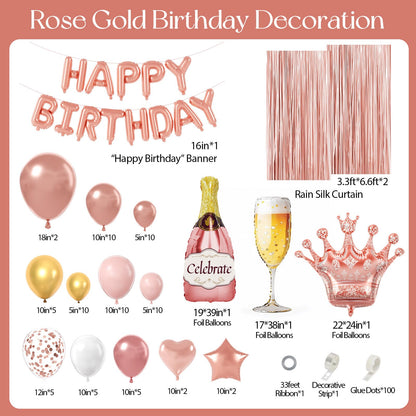 Rose Gold Birthday Decorations for Women, Happy Birthday Decorations with Fringe Curtains, Butterfly Decorations,Rose Gold Balloon Arch Kit for 16th 21st 25 30 40 50th Birthday Decor