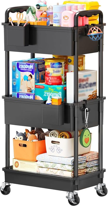 SUNALLY Baby Diaper Caddy Cart, 3 Tier Rolling Diaper Cart with Lockable Wheels for Nursery Essentials, Large Capacity & Easy Assemble Diaper Storage Organizer for Newborn,New Mom, Black