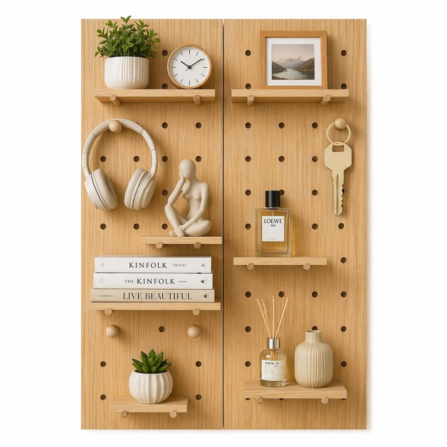Lumiterra Large Wood Pegboard Wall Organizer - Heavy Duty 2-Panel Wooden Peg Board Kit with Shelves, Modular Wall Storage Display for Craft Room, Office, Bedroom