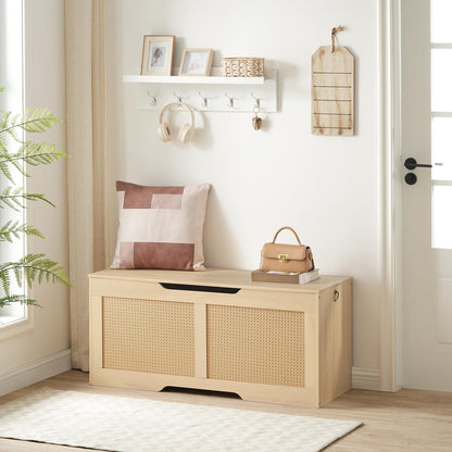 HOOBRO Storage Bench, 43.3" Toy Box, Rattan-Like Storage Chest, Sturdy Entryway Bench Supports 220 lb, Toy Chest, Safety Hinge, U-Shaped Opening, Easy Assembly, Natural NL22CW01