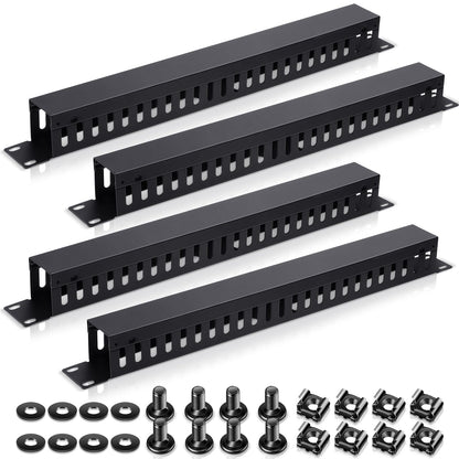 Leinuosen 4 Pcak 1U 19'' Cable Manager 24 Slot Horizontal Rack Mount Wire Management Server Rack Management Metal Finger Duct Wire Organizer with Cover and Mounting Screws for Network Cabinet