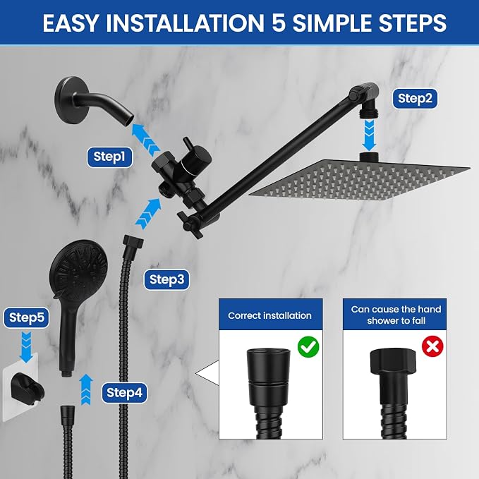 Tudoccy Shower Head, 8‘’ High Pressure Rainfall Shower Head/Handheld Shower Combo with 11'' Extension Arm, 9 Settings Anti-leak Shower Head with Holder, Height/Angle Adjustable, Matte Black
