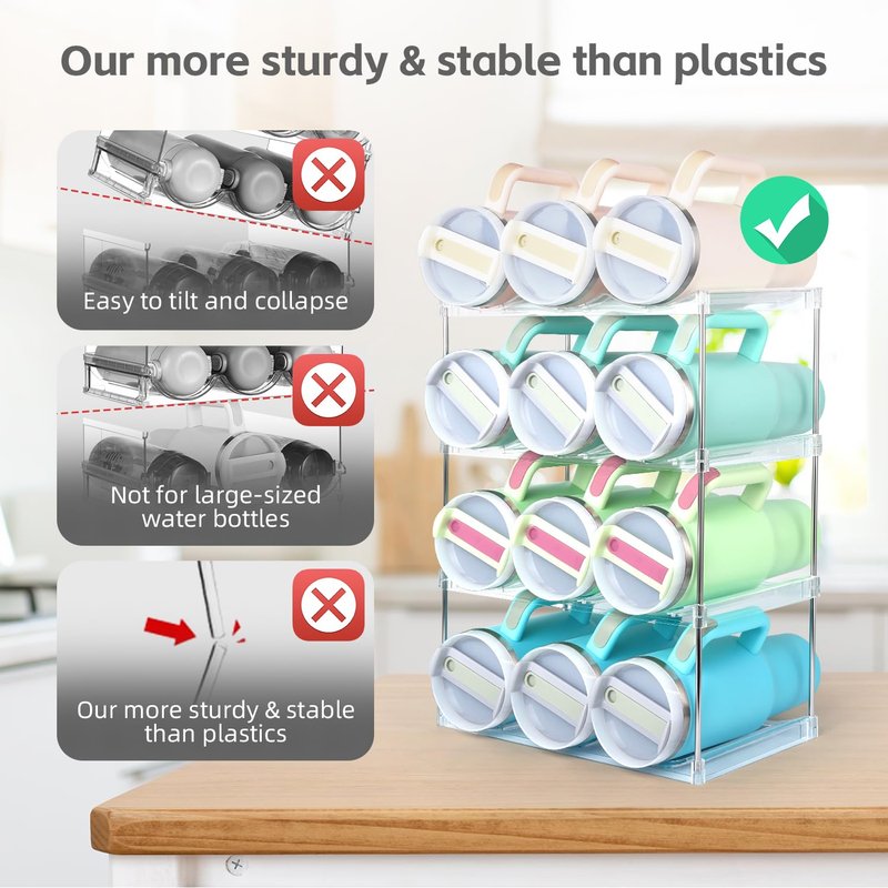 TIDY SAVANT Water Bottle Organizer Holder for Stanley 40 oz Tumbler, Stackable Tumbler Organizer - Cabinet Organizer, Kitchen Storage Organization for Accessories(4 Tier - Hold 12)