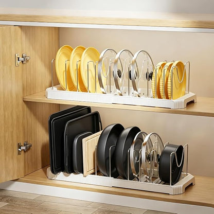 MUDEELA Pots and Pans Organizer under Cabinet, Expandable Rack with Pot Lid Holder and 10 Adjustable Dividers, Pan Organizers inside Cabinet for Kitchen Organization, Cutting Boards, Baking Sheets