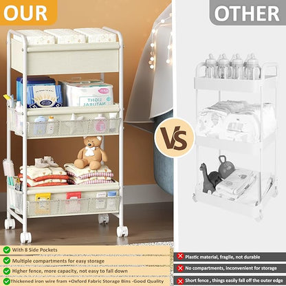3-Tier Baby Diaper Caddy Cart Organizer,Mobile Nursery Storage Carts with Wheels,With 2 Dividers&14 Mesh Pockets Durable Metal Utility Cart for Nursery, Bedroom, Bathroom, Baby Essentials Organization