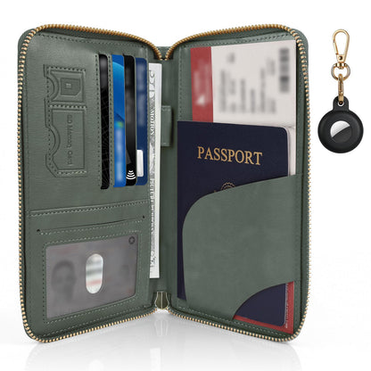 Playexen RFID Blocking Passport Wallet, Anti Theft PU Leather Passport Pouch with Tracker Case, Travel Document Organizer Zipper Wallet with Wrist Strap, Gifts for Women and Men (Green)