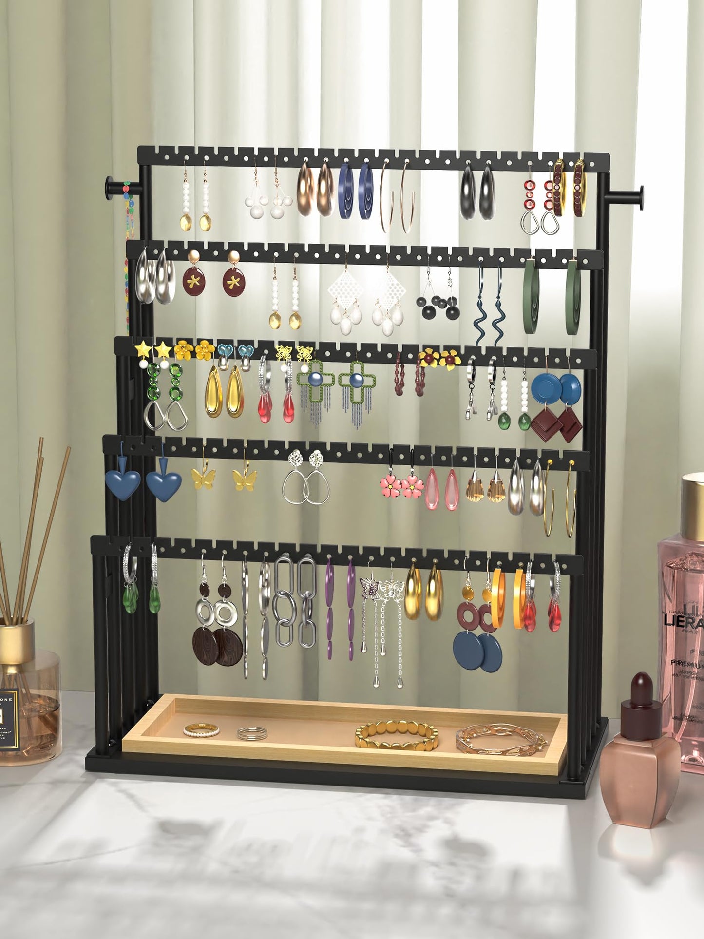 TIPSYTREE Earring Holder Organizer, 5-Tier Step Jewelry Display Stand with Metal Frame and Wooden Storage Organizer, Large Earring Holder for Studs, Hoops, Dangles, Modern Jewelry Organizer for Women