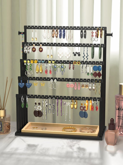 TIPSYTREE Earring Holder Organizer, 5-Tier Step Jewelry Display Stand with Metal Frame and Wooden Storage Organizer, Large Earring Holder for Studs, Hoops, Dangles, Modern Jewelry Organizer for Women