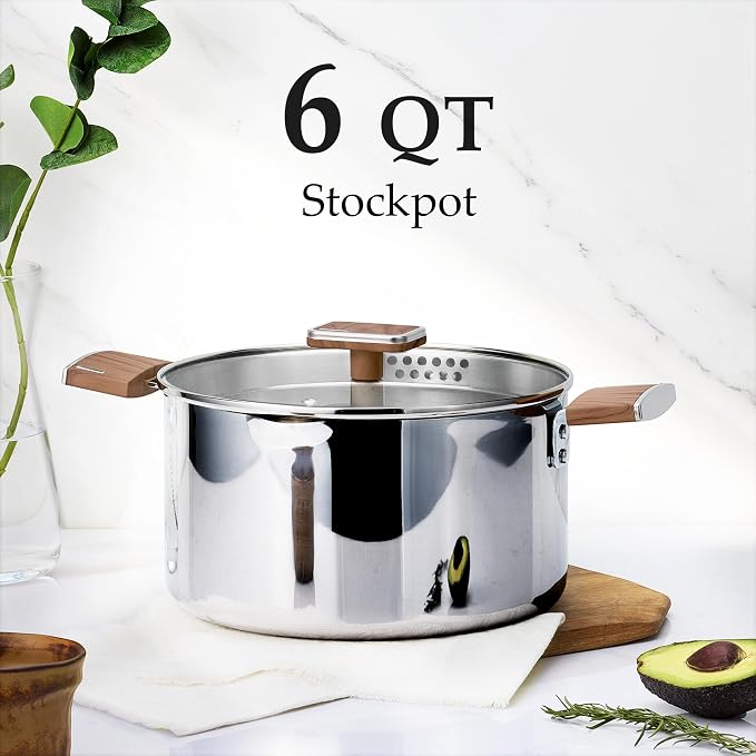 CAROTE 6QT Stainless Steel Stock Pot with Glass Lid, Large Soup Pot with Wood-Grain Handles, Deep Pot for Soup, Pasta & Stew