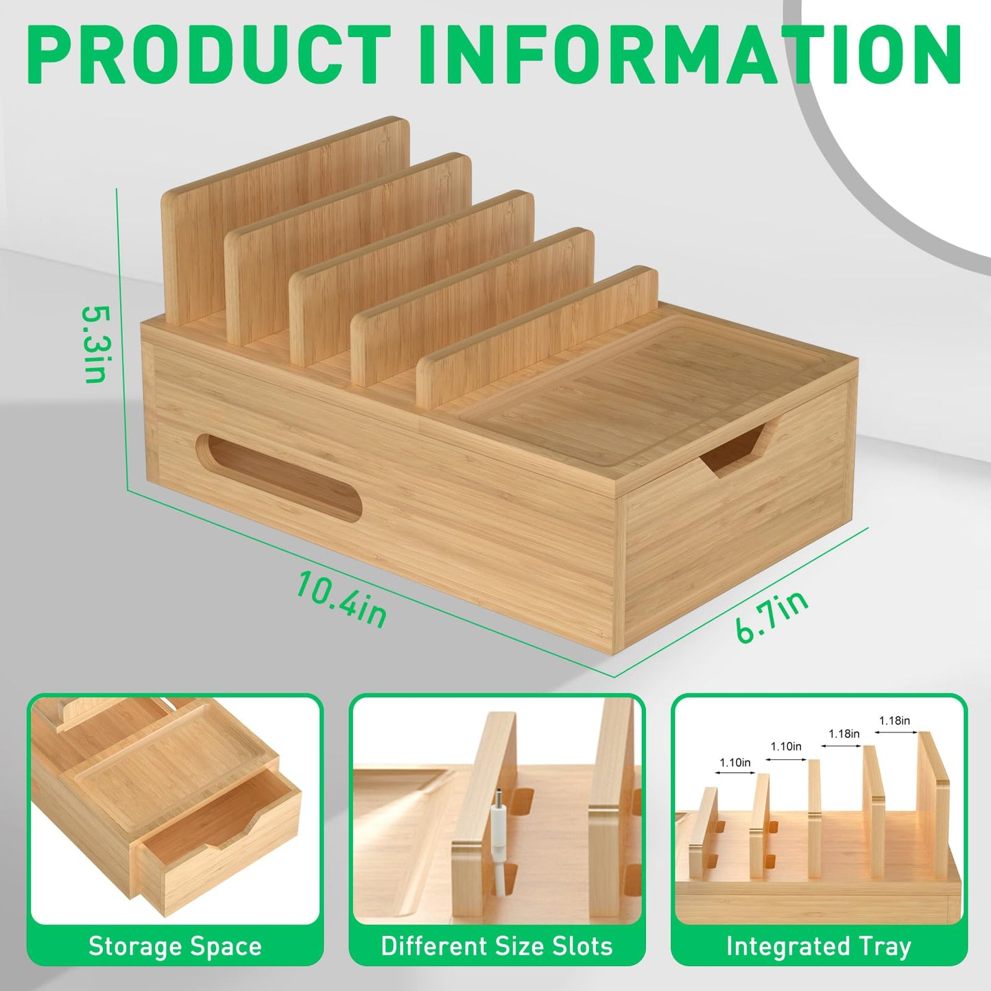 Bamboo Charging Station for Multiple Devices, Desk Charging Organizer with Drawer & Tray, Wood Docking Station Included 6 Cables, Compatible with iPhone Devices, Cell Phone, Tablet (No USB Charger)