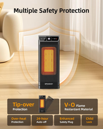Space Heater, Electric Heaters for Indoor Use with Thermostat, Remote, 1-12H Timer, 70°Oscillation and Overheat Protection, 1500W PTC Ceramic Fast Safety Heat, Portable Heater for Office (Black)