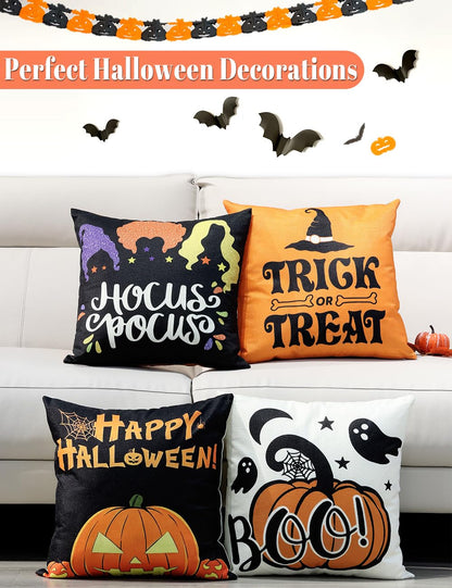 TOYPOPOR Halloween Decorations Double-Side Printing Pillow Covers 16'' x 16'' Set of 4, with 8 Cute Halloween Decor Patterns, Invisible Zipper, Durable Soft Linen Throw Pillow Covers Outdoor Indoor
