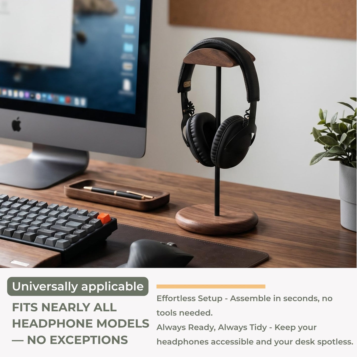 muso wood Walnut Wood & Aluminum Headset Stand, Desktop Headphone Stand, Headset Holder with Anti-slip Pad, Headphone Holder with Storage Base for Most Gaming Music Headsets