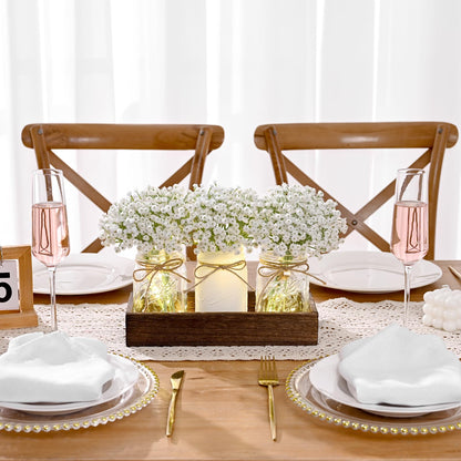 BLEUM CADE Mason Jar Centerpiece Table Decorations, Lights Centerpiece for Kitchen Dining Table Farmhouse Coffee Table Wedding Home Decor with 3 Jars Babys Breath Artificial Flowers & Wood Tray