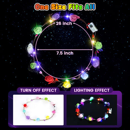 LovesTown 60PCS Glow in the Dark Party Supplies, Flower Crowns for Women Light Up Flower Crown, Light Up Party Favors for Raves Birthday Wedding Reception Mardi Gras Cosplay
