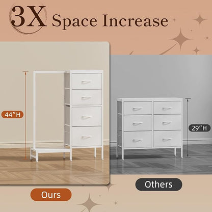 HIGDBFE Tall Dresser 44''H with Hanging Rack, 4 Drawers Small Closet Dresser for Bedroom, Reversible Fabric Chest of Drawers with Clothes Rack, Tall Storage Tower, Sturdy Frame, White