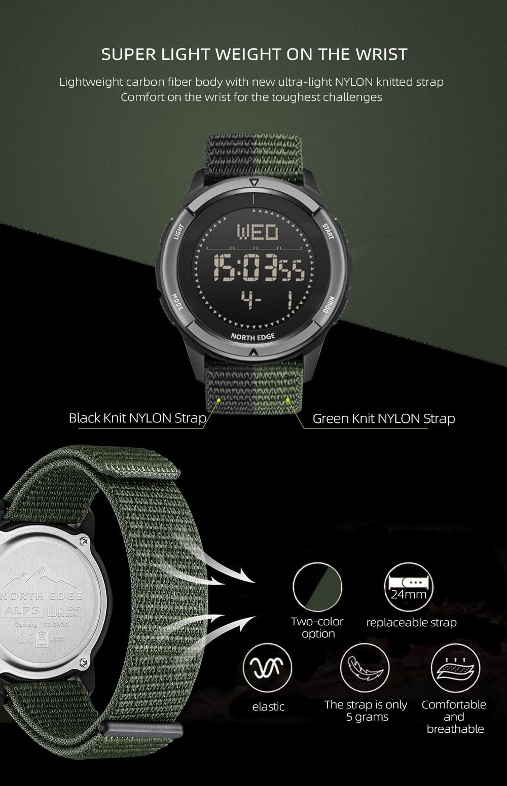 NORTH EDGE Military-Watch for Men - Tactical Survival Watch, Men's Women's Digital Wrist Watches for Sports Outdoors, Pedometer, Compass, Calories, Durable Nylon Band (Black, Nylon Band)