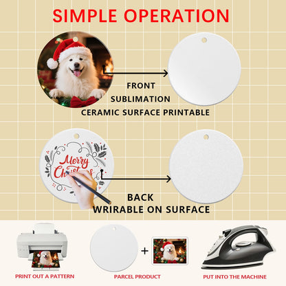 50 Pack Ceramic Sublimation Ornament Blank 3 inch Round Crafting DIY Personalized Printed Christmas Home Bulk White Porcelain Xmas Tree Crafts Decor