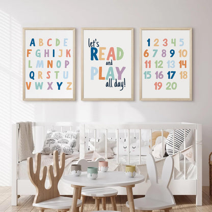 Kids Playroom Wall Art Decor Alphabet Poster Play Room Canvas Wall Decor ABC Nursery Wall Art 123 Toddler Poster Let's Read for Boy Girl Room 12x16 Inch Wood Framed Set of 3