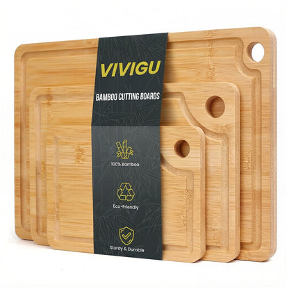 VIVIGU Bamboo Cutting Boards for Kitchen, 3-Piece Wood Cutting Board with Juice Grooves, Durable Wooden Chopping Boards Set for Meal Prep, Meat, Vegetables, Fruits, Serving, Kitchen Essentials
