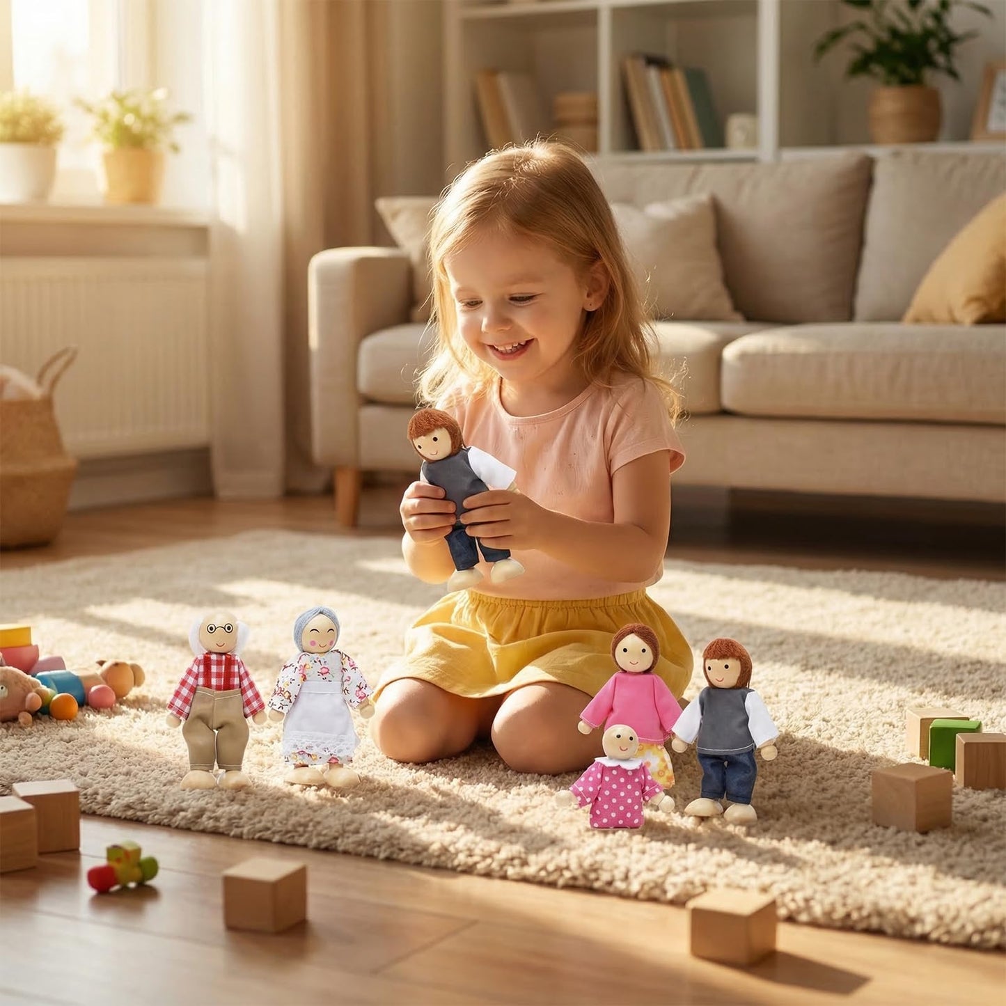 Handlive 7-Piece Wooden Dolls for Dollhouse Family Set, Mini People Figures for Doll House People Role Play
