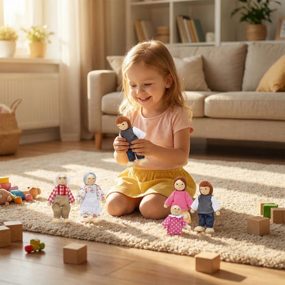 Handlive 7-Piece Wooden Dolls for Dollhouse Family Set, Mini People Figures for Doll House People Role Play
