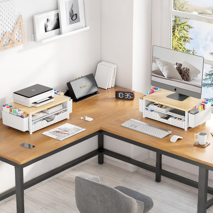 Gugsey Wood Metal Monitor Stand Riser, Laptop Stand for Desk, Office Desk Organizer and Accessories, Computer Desktop Shelf with Drawer and Pen Holder, Printer Stand for Home, Office, Dorm (Natural Wood)