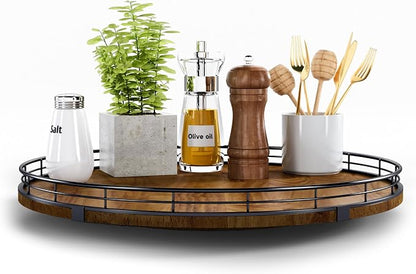 Farmhouse Oak 16" Lazy Susan Turntable Organizer for Cabinet, Round Wooden Lazy Susan Organization and Storage for Dining Table, Pantry, Kitchen, Countertop, Cupboard,Home Decor, Walnut Wood (16")