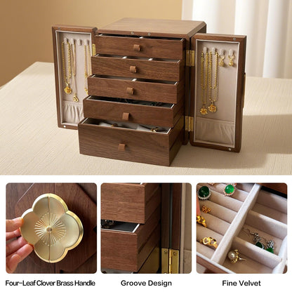 Luxury Black Walnut Jewelry Box for Women, 5-Layer Wooden Organizer , Dustproof Velvet Lined Storage for Watches, Necklaces, Rings, Earrings - Gift for Wife, Mom, Bride, Valentine's Day, Anniversary