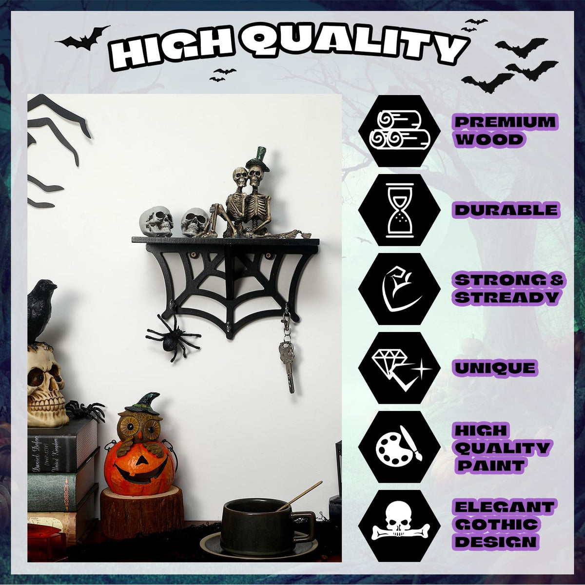 2 Pcs Halloween Spider Web Shelf Goth Room Decor Wood Spooky Gothic Wall Floating Shelves with Hooks Black Hanging Gothic Decor for Halloween Bedroom Home Kitchen Party Oddities Curiosities Display