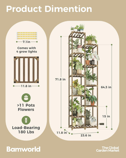 Bamworld Plant Stand with Grow Lights Indoor Outdoor 11 Tier Tall Large Wood Plant Shelf Multi Tier Flower Stands Garden Shelves Wooden Plant Display Holder Rack for Living Room Corner