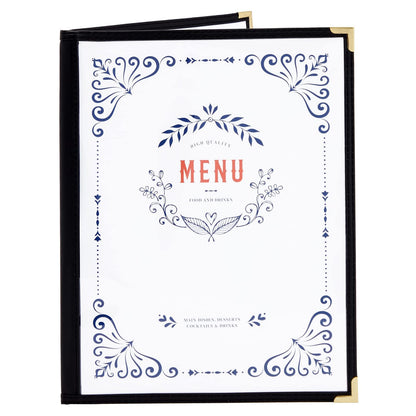 Juvale Clear Menu Covers 8x11 in 4 View - 12-Pack, Letter Size Black PU Leather - Double Panel Clear Sleeves & Gold Metal Corners - Menu Holders for Restaurants & Bars