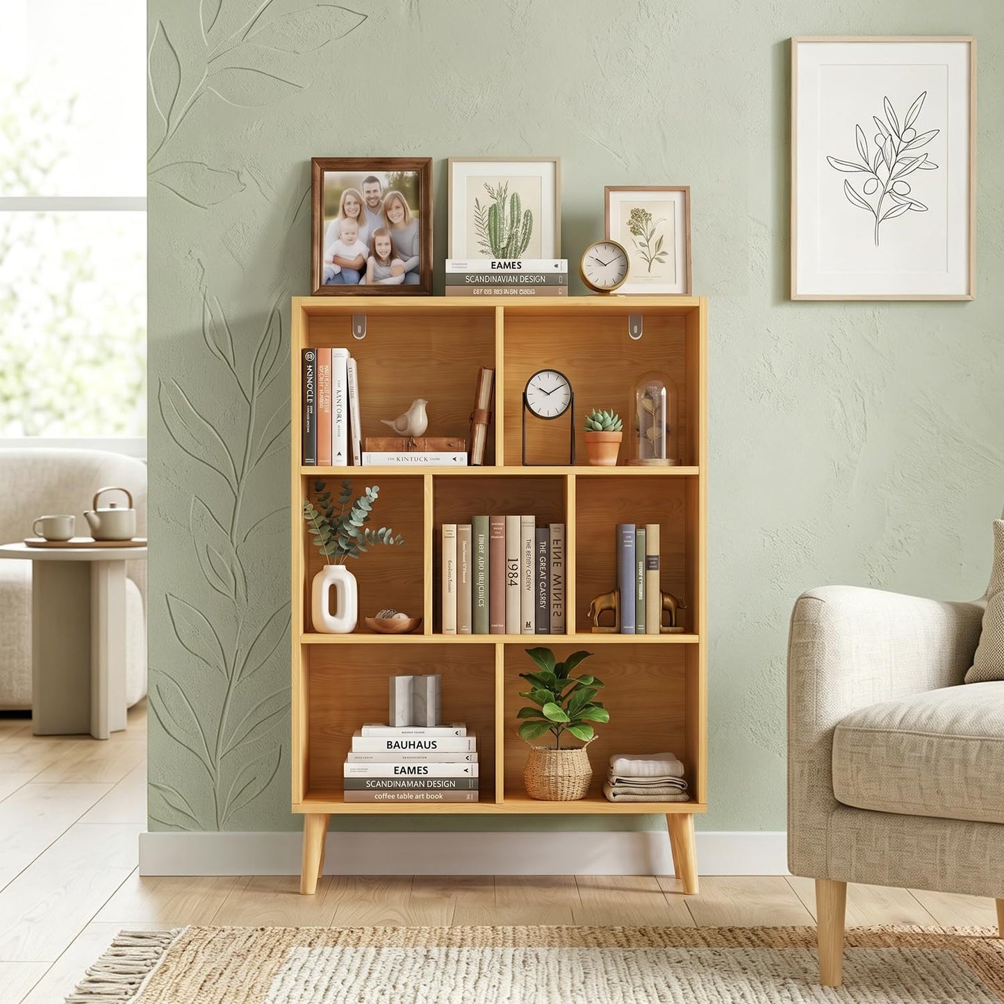 SageNest 7 Cube Bookshelf, 3 Tier Mid-Century Modern Bookcase with Wooden Legs, Heavy Duty Cubby Storage Organizer Display Shelf for Living Room, Bedroom & Office, Deep Natural
