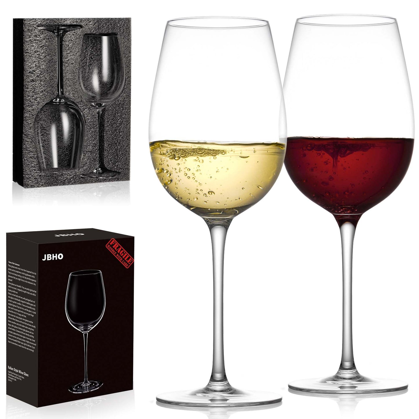 JBHO Crystal Wine Glasses - Hand Blown Red or White Wine Glasses -18 Ounce - Set of 2 - Lead-Free Premium Crystal - Long Stem Wine Glasses - Clear