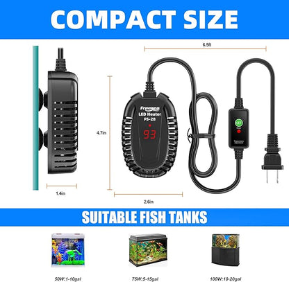 FREESEA Aquarium Fish Tank Heater: 50W Small Submersible Turtle Heater with Adjustable Temperature External Controller for Betta | Saltwater | Freshwater | 1-10 Gallon