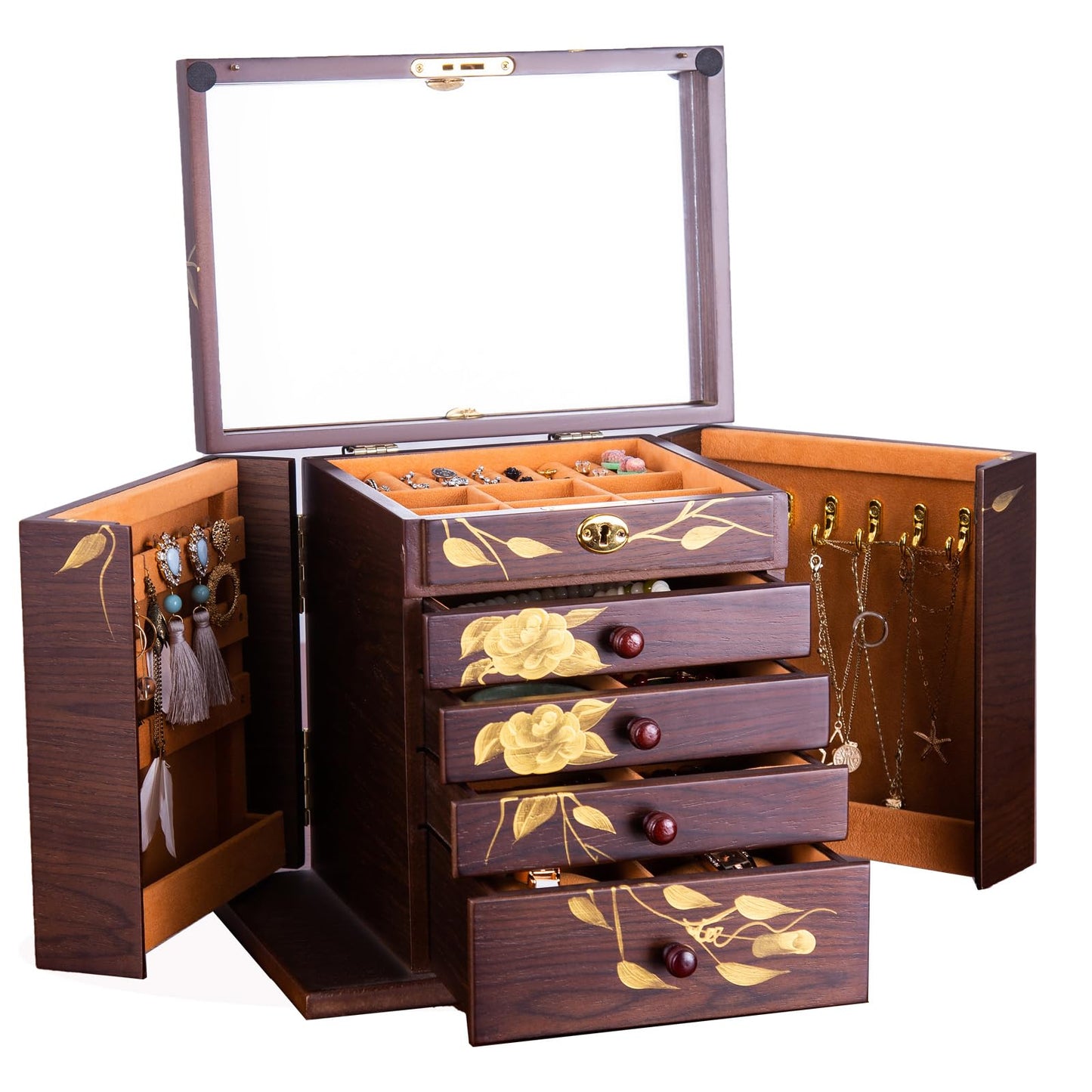 Xloverise Wooden Jewelry Box for Women, 5-Layer Large Wood Jewelry Boxes & Organizer with Drawers for Rings Necklaces,Hand-painted rose flowers jewelry case organizer,jewelry safe