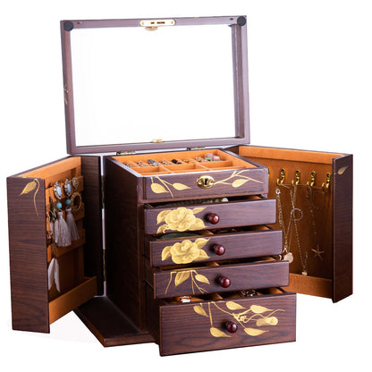 Xloverise Wooden Jewelry Box for Women, 5-Layer Large Wood Jewelry Boxes & Organizer with Drawers for Rings Necklaces,Hand-painted rose flowers jewelry case organizer,jewelry safe
