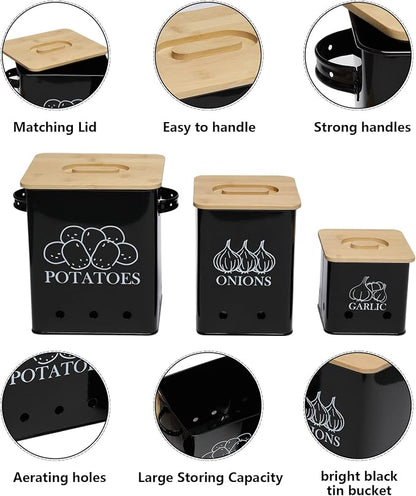 Kitchen Canisters Set, Storage Bin for Potato Onion & Garlic, 3 Pack Set Countertop Pots Containers with Wooden Lid - Potato Storage, Garlic Bin, Onion Keeper Tin with Aerating Holes-Black