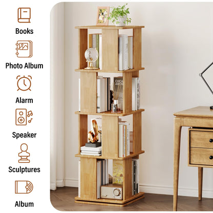 Natural Wooden 4-Tier 360° Rotating Bookshelf Tower, Stable Square Spinning Revolving Corner Bookcase, Floor Standing Narrow Storage Organizer for Kids & Adults, Space Saving Book Rack for Bedroom
