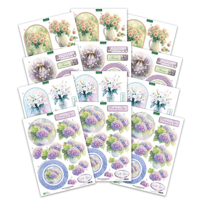 Katy Sue Designs Thinking of You 3D Die Cut Decoupage Collection for Card Making Supplies. Contains 12 Sheets of Katy Sue Die Cut Decoupage Featuring Lavender, Lillies, Hydrangea, and Roses