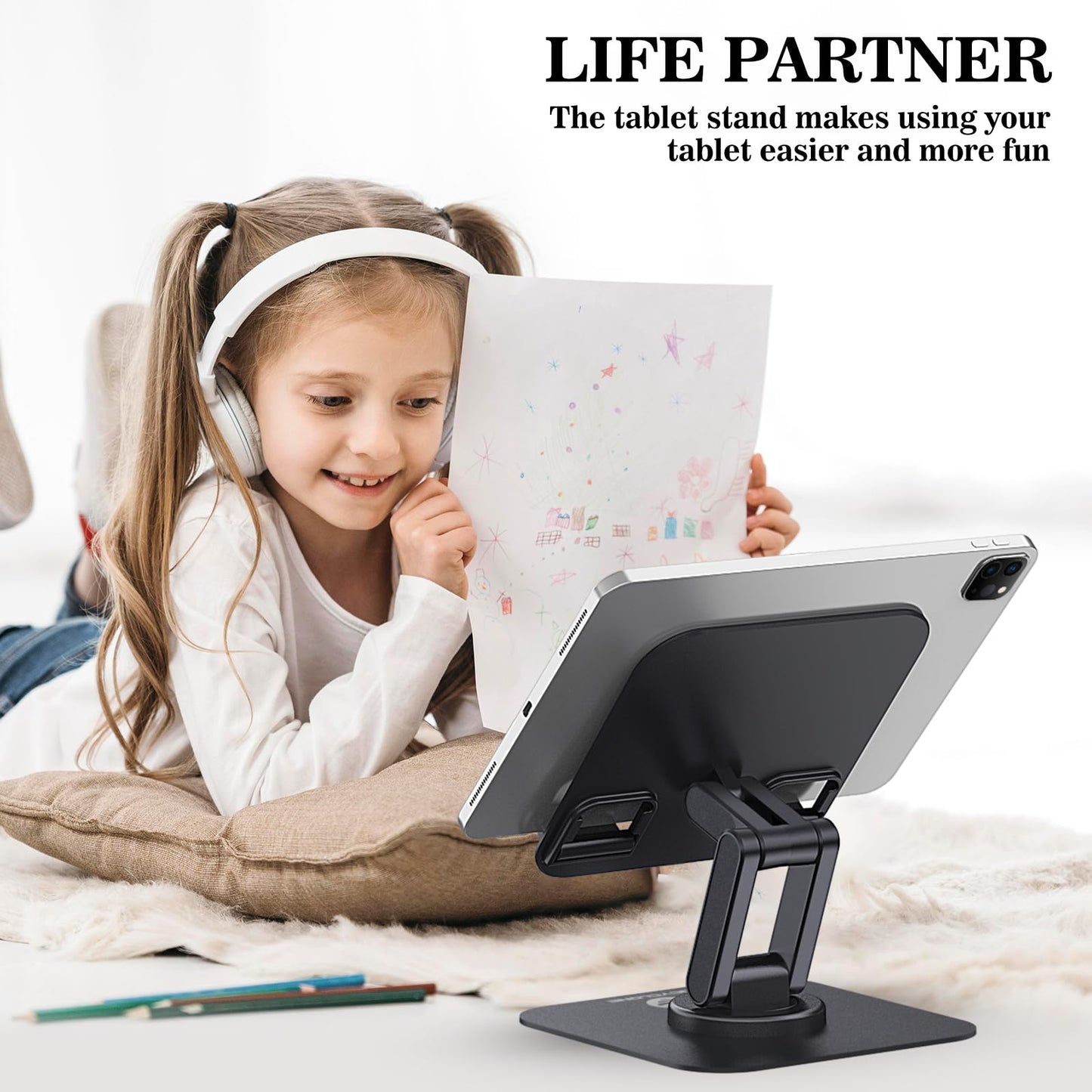 OCYCLONE for iPad Stand for Desk, 360 Rotating Adjustable Portable Monitor Tablet Holder Office Accessories Compatible with Kindle 4" - 15.6" Tablet iPad PS iPhone, Black
