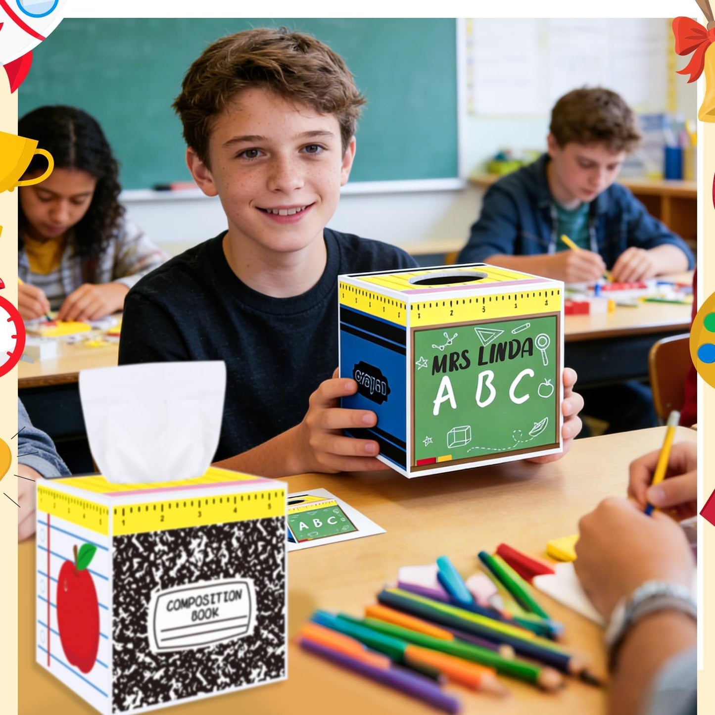 NFAMRZCAR 2 Pack Back to School Gift Wooden Tissue Box Cover, Square School Themed Tissue Holder Dispenser Paper Case for Back to School, First Day of School, Classroom Office Desk Decor